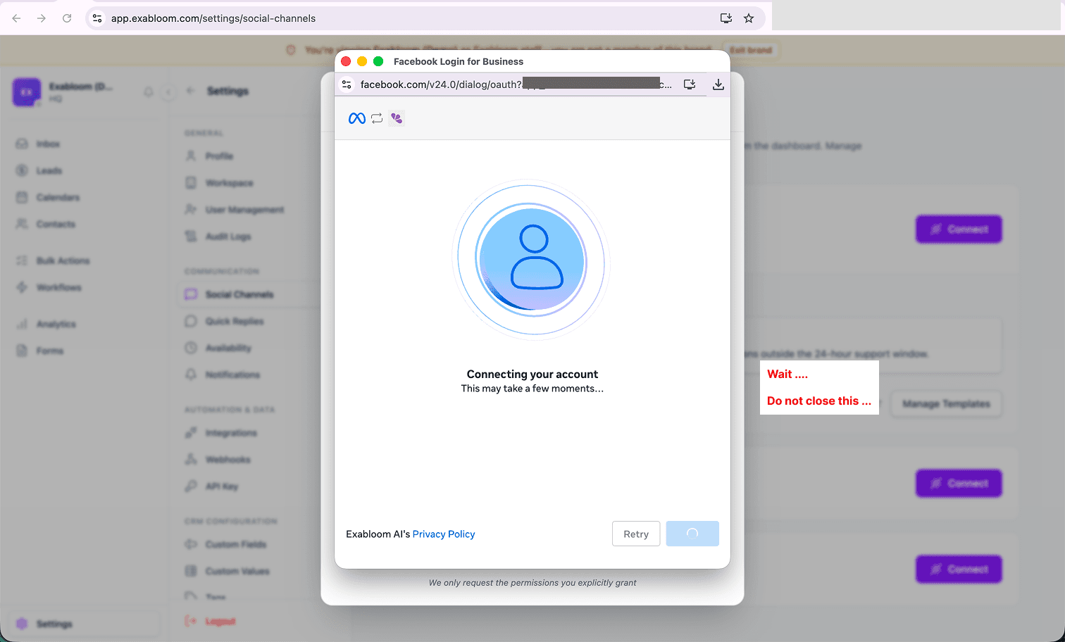 Meta’s popup showing Connecting your account, this may take a few moments