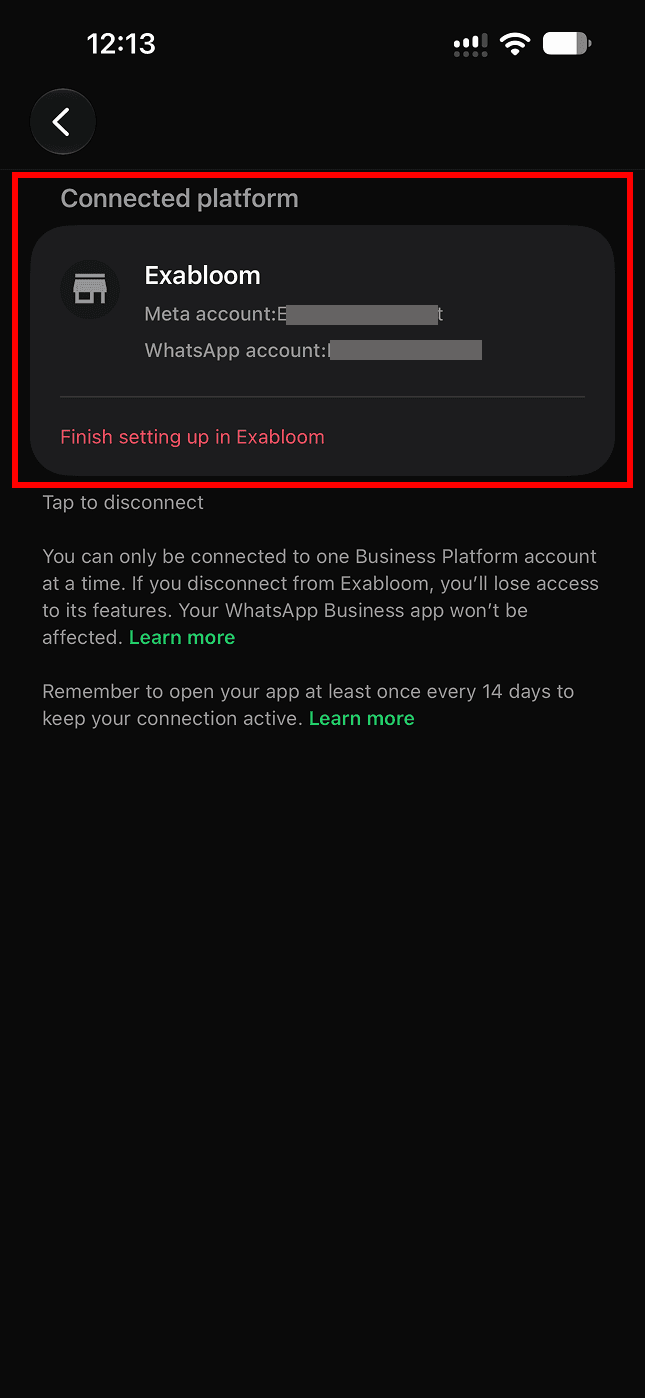 Connected platform screen listing Exabloom with a plain shop icon and the line Finish setting up in Exabloom