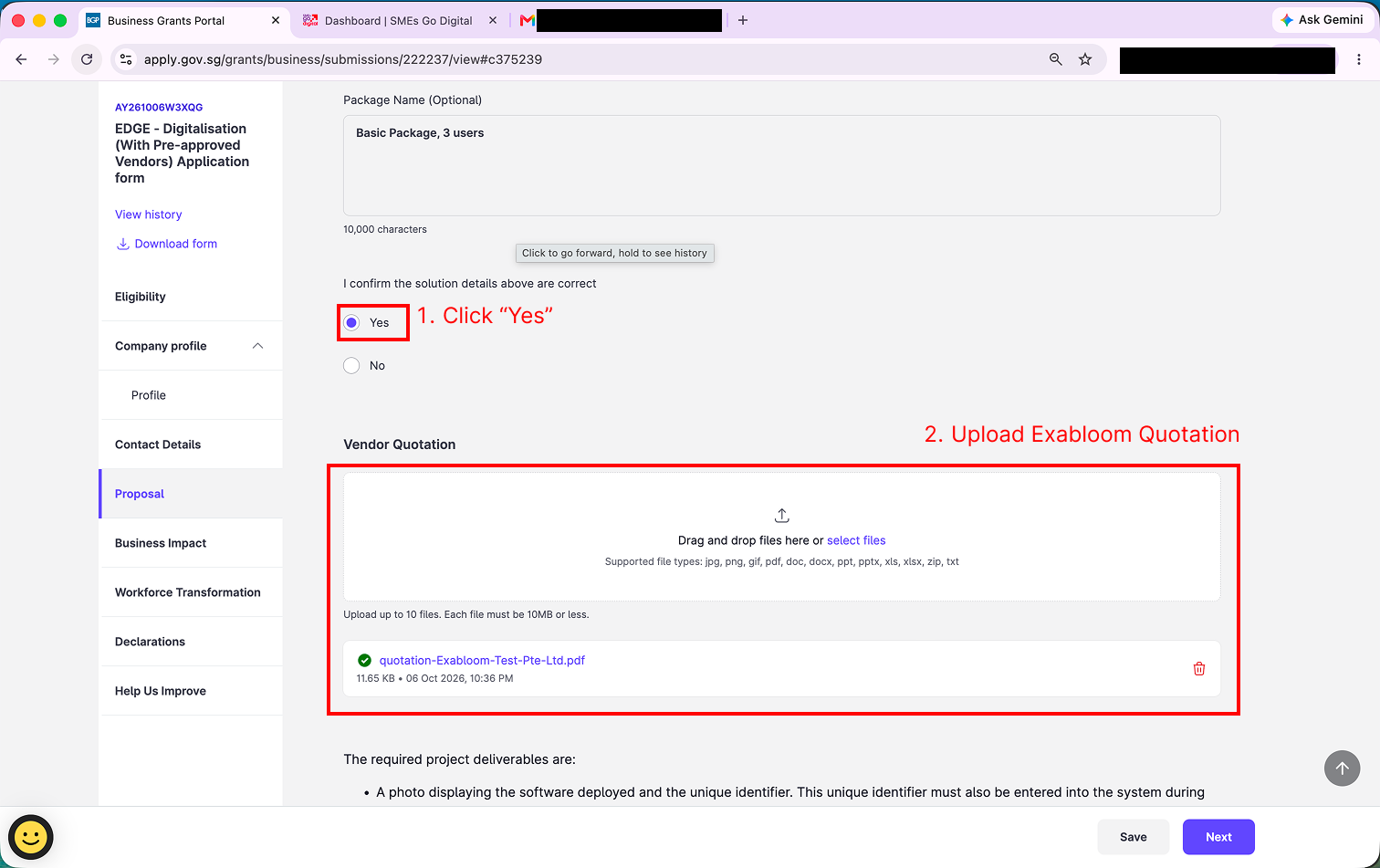 Confirm the solution details and upload the Exabloom quotation