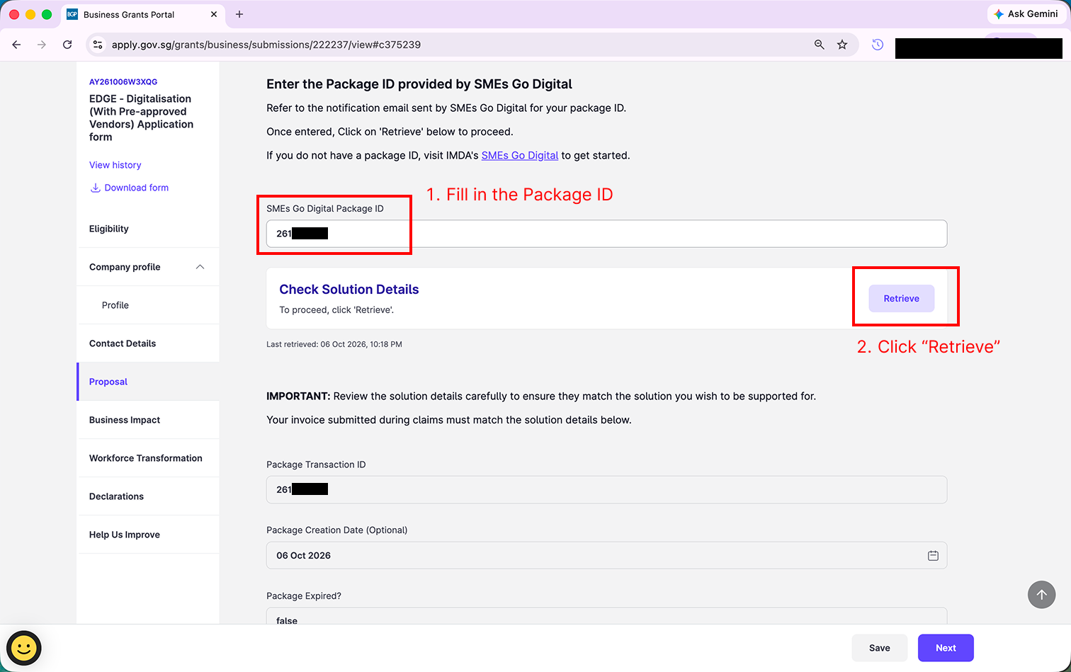 Enter the Package ID and click Retrieve