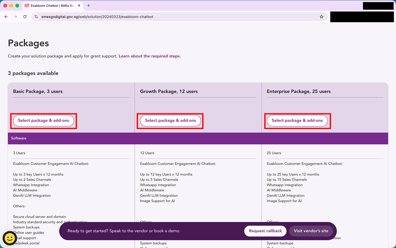 Select package and add-ons